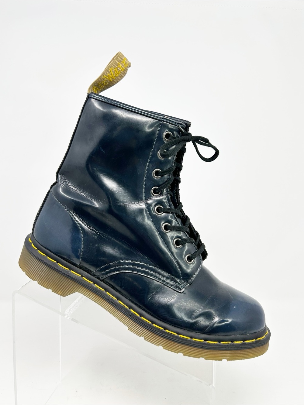 Dr. Martens Vegan 1460 Combat Boots Navy Blue Patent Lace Up Ankle Size 10